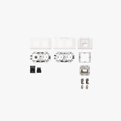 Blick auf Set für tehalit Brüstungskanal bestehend aus 3 Schukosteckdosen, 2 USB- und 2 Netzwerkdosen (LAN)
