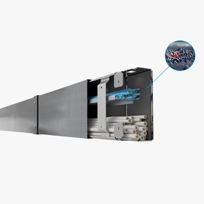 Schrägansicht auf Kabelkanal Hager FWK Plus mit Darstellung der im Brandfall aufschäumenden Innenbeschichtung