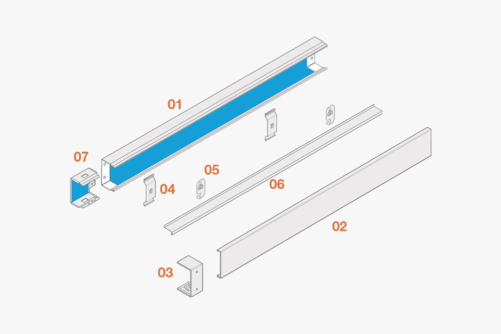 Illustration des Aufbaus und der Bestandteile des Hager Brandschutzkanals FWK Plus mit Nummerierung