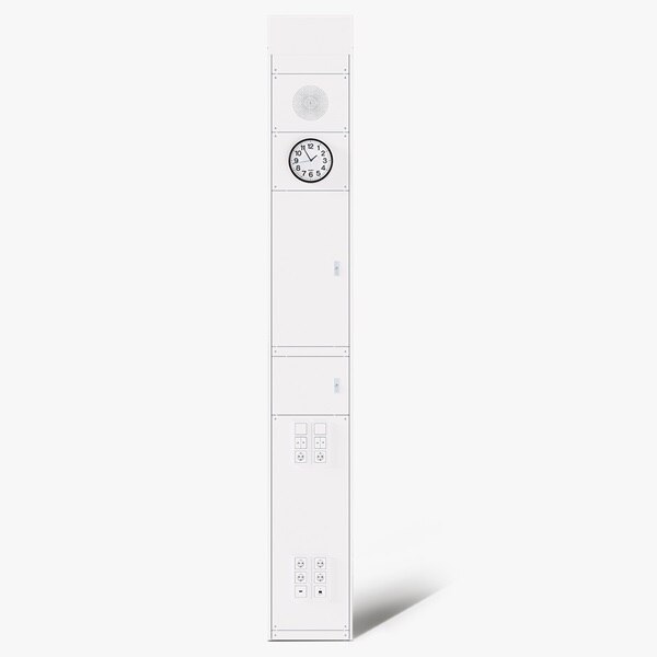 Frontalansicht Hager Mediensäue in weiß mit Uhr, Lautsprecher, Steckdosen, Schaltern, Multimedia-Dosen und abschließbaren Fächern