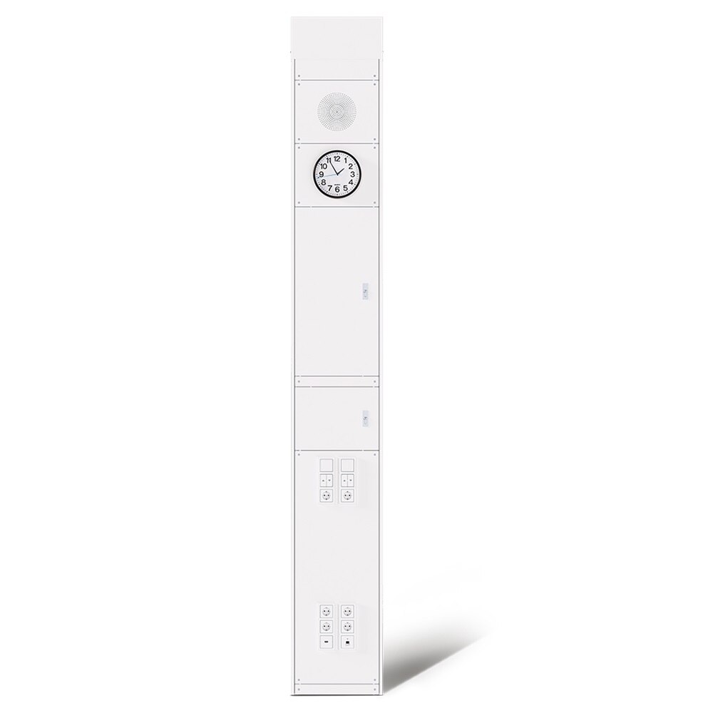 Frontalansicht Hager Mediensäue in weiß mit Uhr, Lautsprecher, Steckdosen, Schaltern, Multimedia-Dosen und abschließbaren Fächern