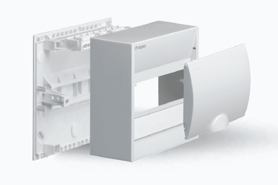 Hager fuse carrier with cover partially opened, showing electrical connections