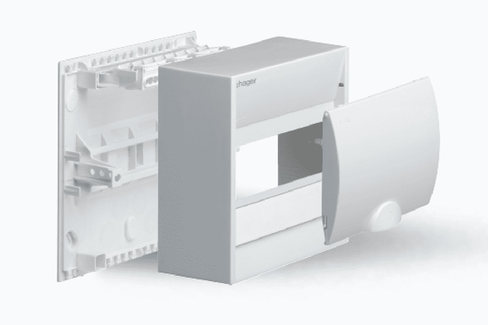 Hager fuse carrier with cover partially opened, showing electrical connections