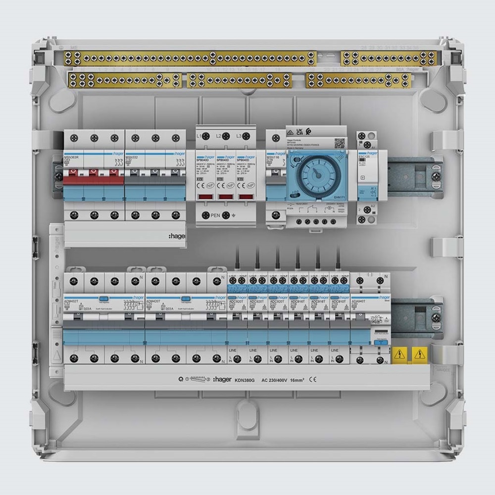 Onekonekt arrangement with surge, timers and vertical busbar