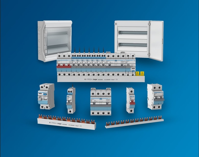 Onekonekt range with a vector enclosure, golf enclosure, RCBOs, RCCBs and busbar