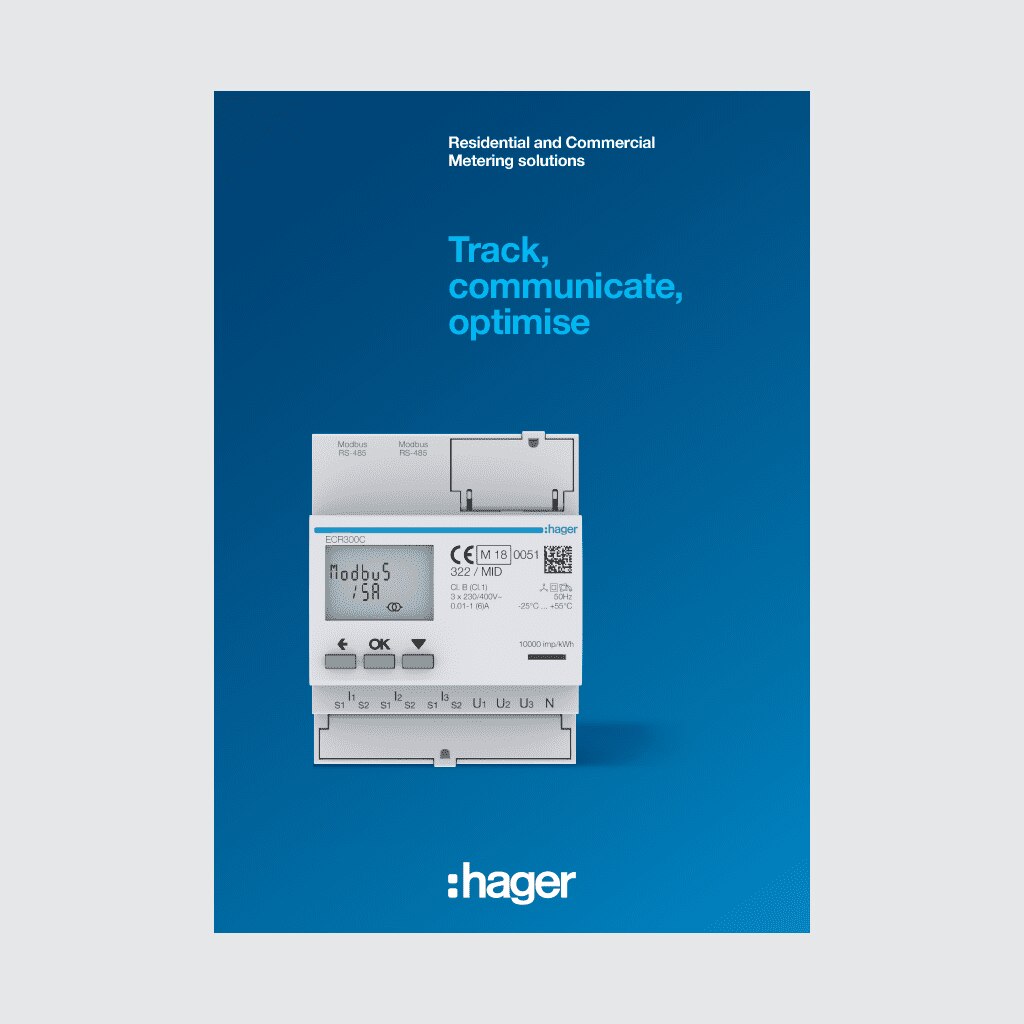 Hager residential and commercial metering solutions advertisement featuring an energy meter display