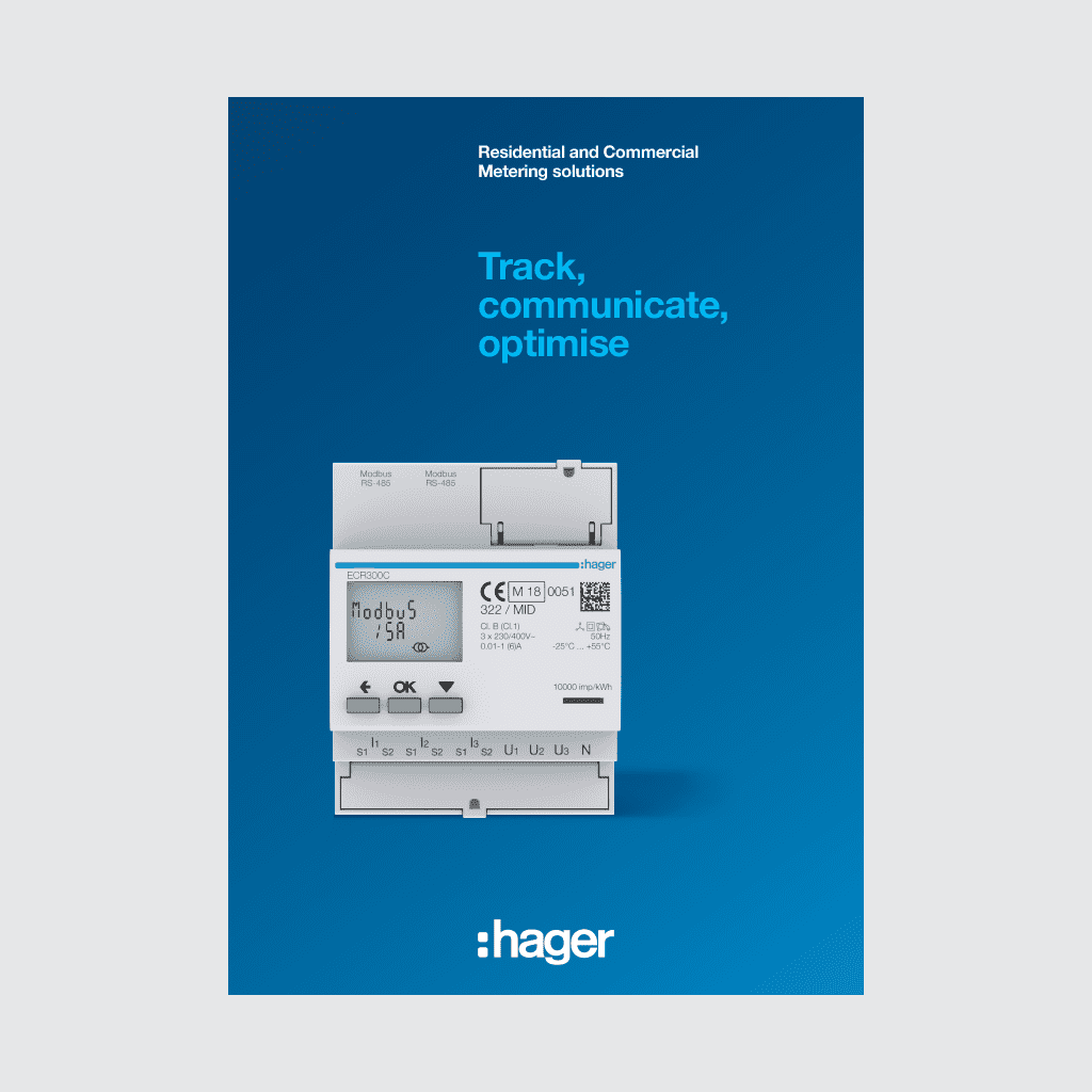 Hager residential and commercial metering solutions advertisement featuring an energy meter display