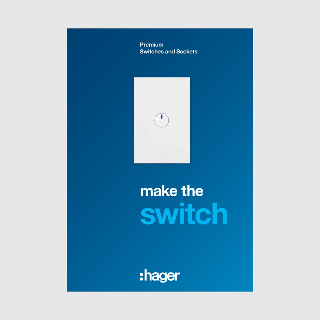 Advertisement for Hager premium switches and sockets featuring a single light switch on a blue background