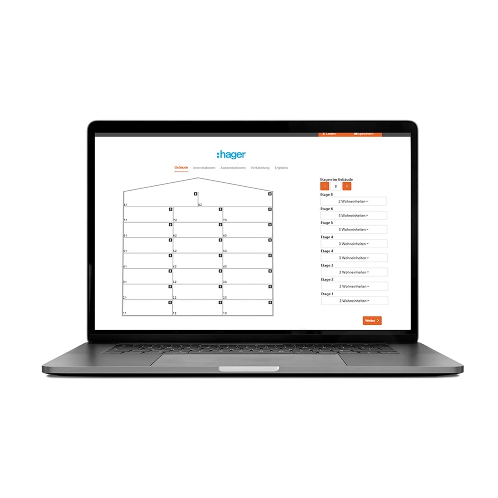 Laptopbildschirm mit Konfigurationssoftware für Hager Elektroverteilertafeln