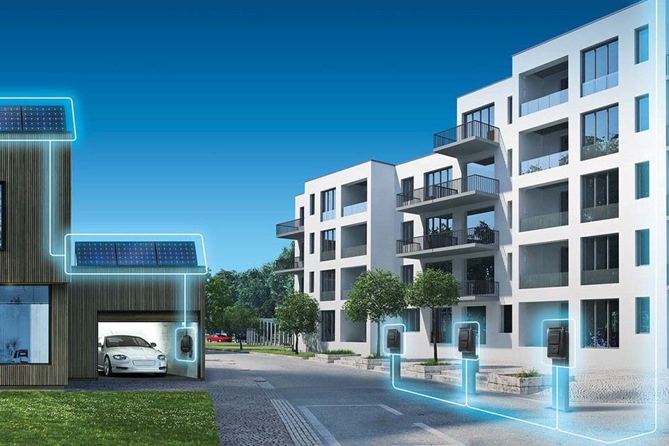 Elektroauto an Hager witty Ladestation in Mehrfamilienhaus in der Schweiz