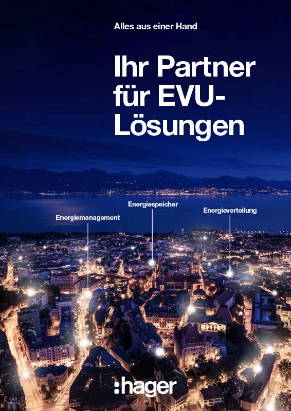 Hager-Werbung mit nächtlicher Stadtsilhouette, die Lösungen für Energiespeicherung, -verteilung und -management darstellt