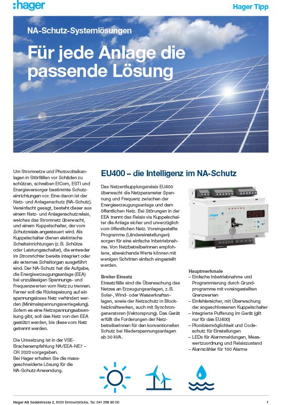 Werbematerial für Hager NA-Schutz-Systemlösungen mit Darstellung von Solarmodulen und dem EU400-Gerät für intelligenten Netze-Schutz