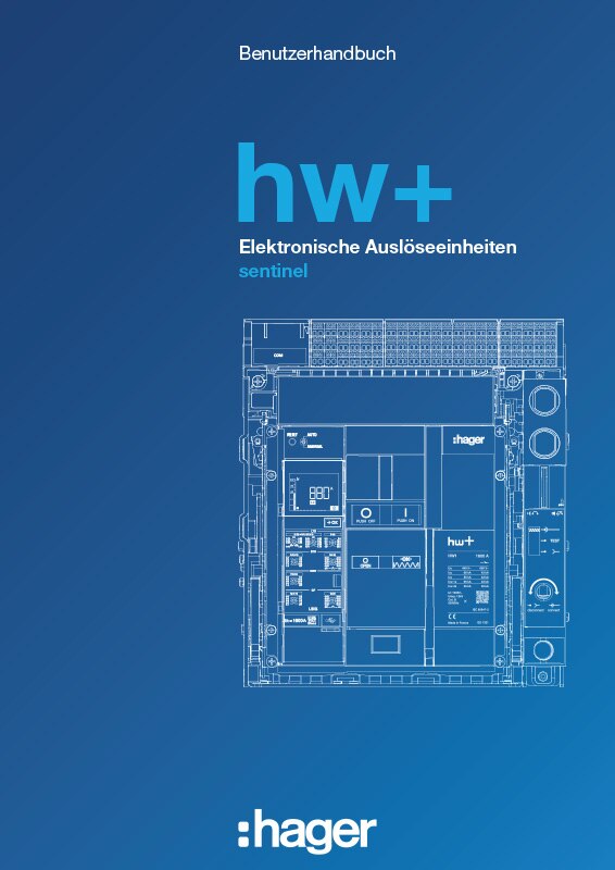 Deckblatt des Hager-Benutzerhandbuchs für HW+ elektronische Auslöseeinheiten mit technischem Schaltplan im Hintergrund