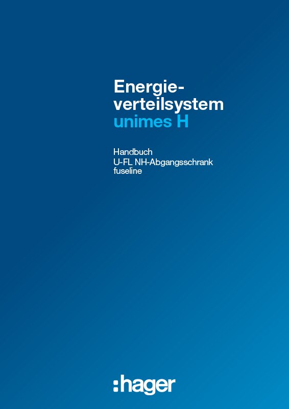 Handbuchdeckel für Hager Energieverteilungssystem Unimes H mit Logo auf blauem Hintergrund