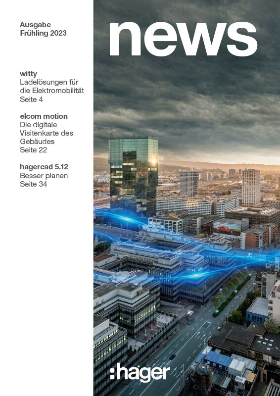 Titelseite der Hager News Zeitschrift Frühlingsausgabe 2023 mit einer städtischen Skyline in der Dämmerung, sichtbarer elektrischer Beleuchtung und dem Hager-Logo