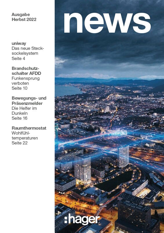 Titelseite des Hager 'news' Magazins mit nächtlicher Stadtansicht, Unternehmenslogo und Inhaltsverzeichnis zu elektrischen Systemen.