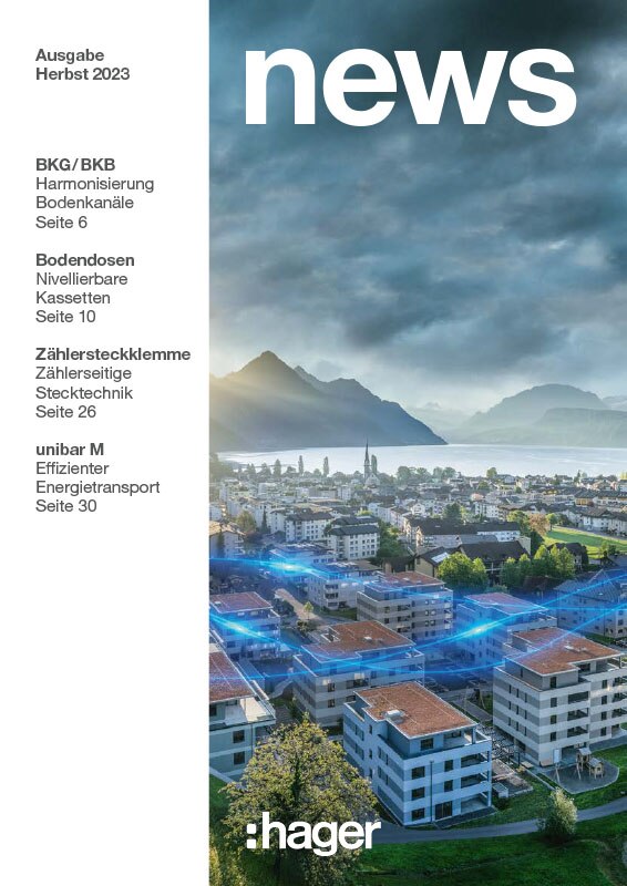 Hager-Neuigkeiten-Broschürendeckel für Herbst 2023 mit Stadtbild und Hinweisen auf elektrische Netzwerke