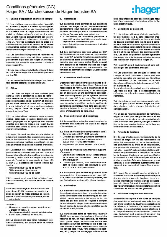 Dokumentseite mit den Allgemeinen Geschäftsbedingungen von Hager SA in Französisch und dem Hager-Logo