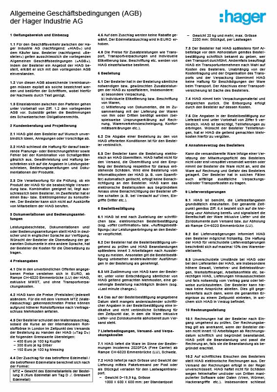 Dokument mit Allgemeinen Geschäftsbedingungen (AGB) der Hager Industrie AG, einschließlich Logo und Text auf Deutsch.