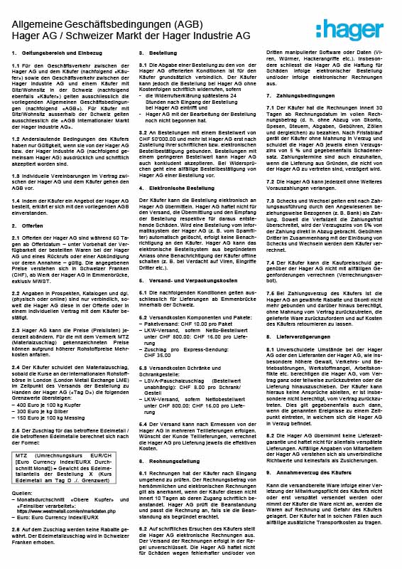 Dokument mit Allgemeinen Geschäftsbedingungen (AGB) für die Hager AG/Schweizer Markt der Hager Industrie AG mit Hager-Logo