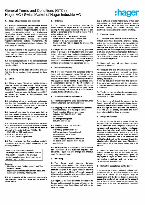 Dokument mit den Allgemeinen Geschäftsbedingungen der Hager AG auf Englisch und dem Hager-Logo