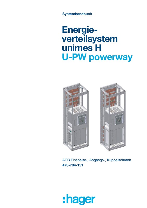 Deckblatt des Systemhandbuchs für Hager unimes H U-PW powerway Energieverteilsysteme mit ACB Schaltanlagenschränke
