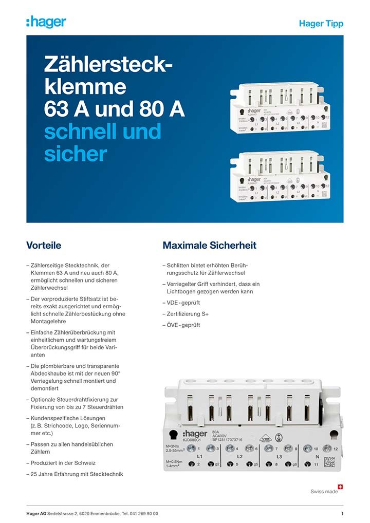 Hager Zählersteckklemme Modelle 63A und 80A für schnellen und sicheren Zählerwechsel