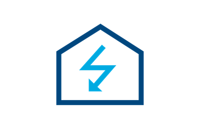 Icon eines Hauses mit einem Blitz im Zentrum, Sinnbild für Elektizität im Haus.