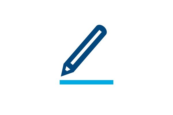 Icon von einem Stift über einem Blatt, Sinnbild für die Bearbeitungsfunktion.