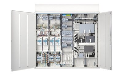 Frontansicht Hager Zählerschrank - offene Technizentrale, voll ausgestattet