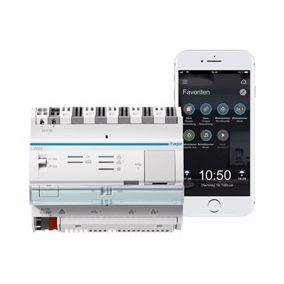 Hager KNX easy Modul neben Smartphone mit domovea App.