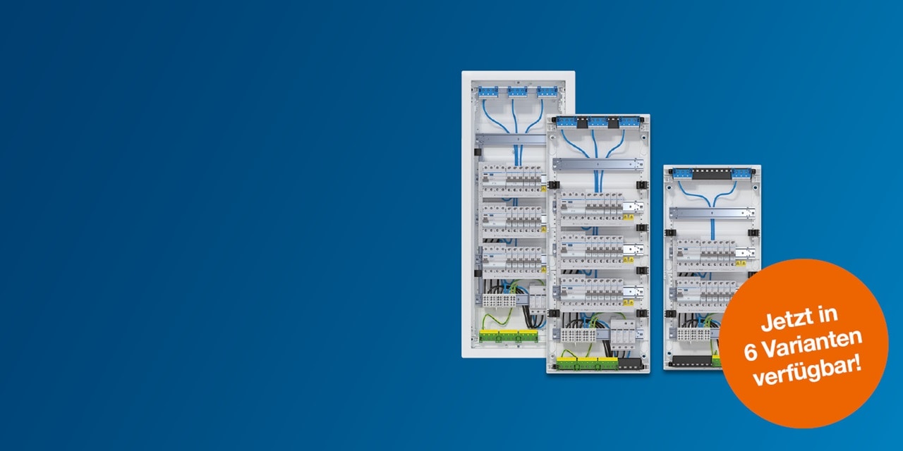 Elektroverteilungstafeln mit modularen Komponenten auf blauem Hintergrund, in 6 Varianten erhältlich