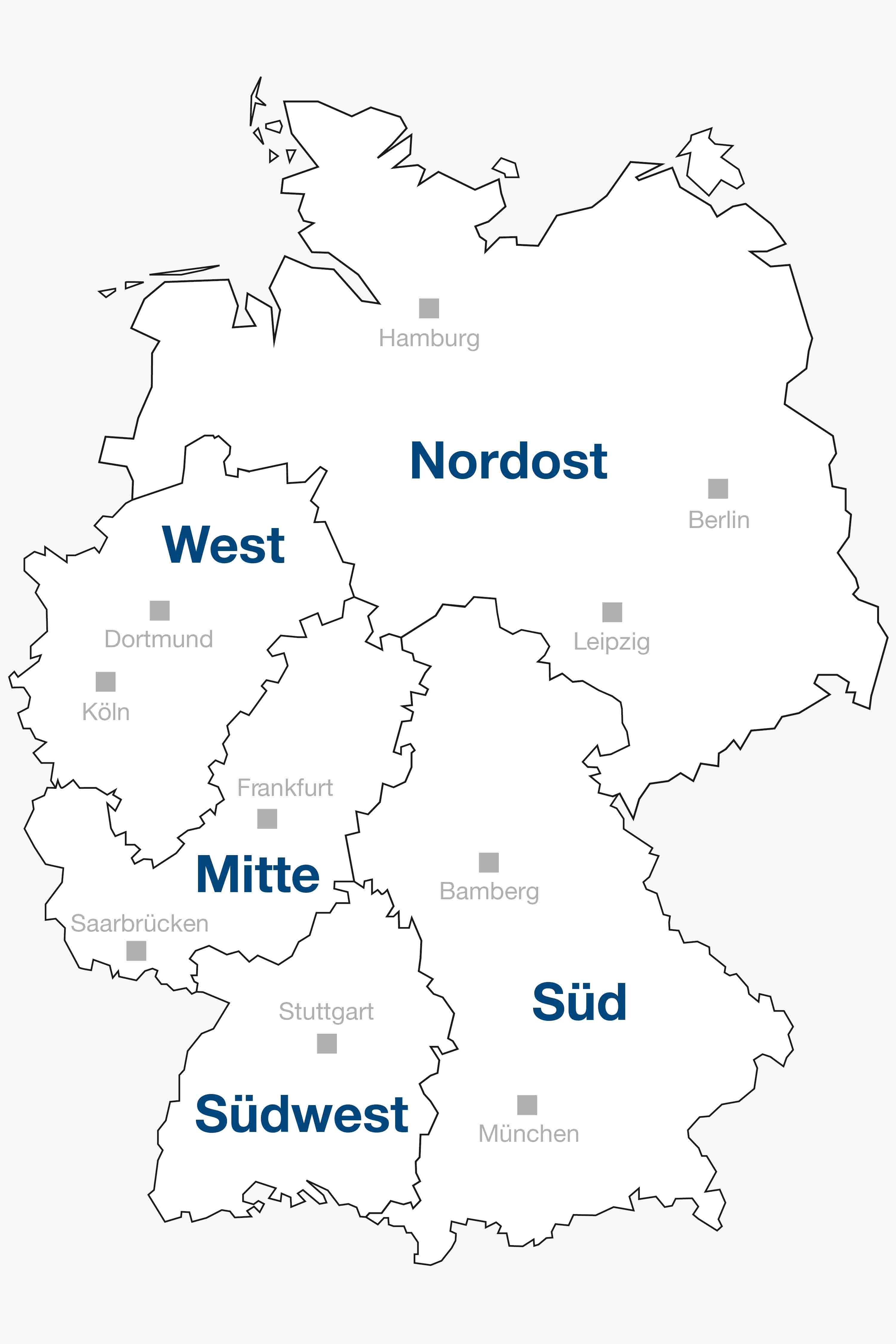 Karte mit den Hager Vertriebsgebieten und den dazugehörigen Technischen Service Centern.