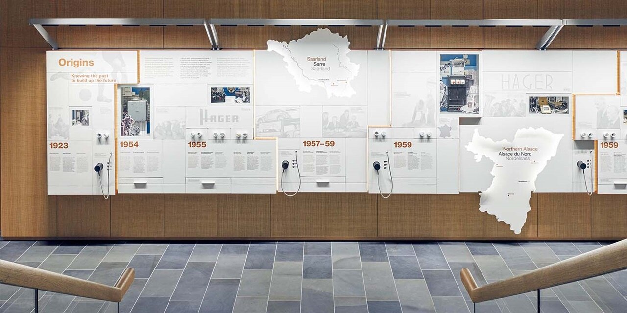 Ausstellungswand bei Hager mit einer Zeitleiste zur Unternehmensgeschichte, Informationspaneelen und Regionalplänen