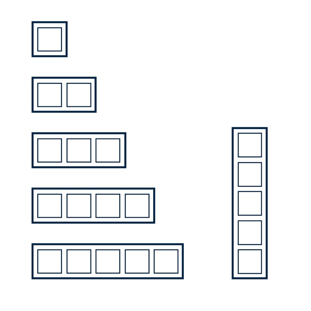 Illustration der Rahmengrößen Berker B.3 Schalterprogramm für einen Einsatz bis fünf Einsätze mit horizontaler und vertikaler Ausrichtung