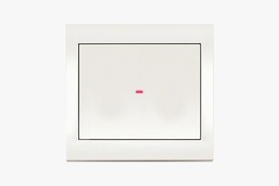 Frontalansicht Berker K.1 Lichtschalter mit 1-fach Wippe inklusive Betriebs-LED und eckigem Rahmen in Weiß