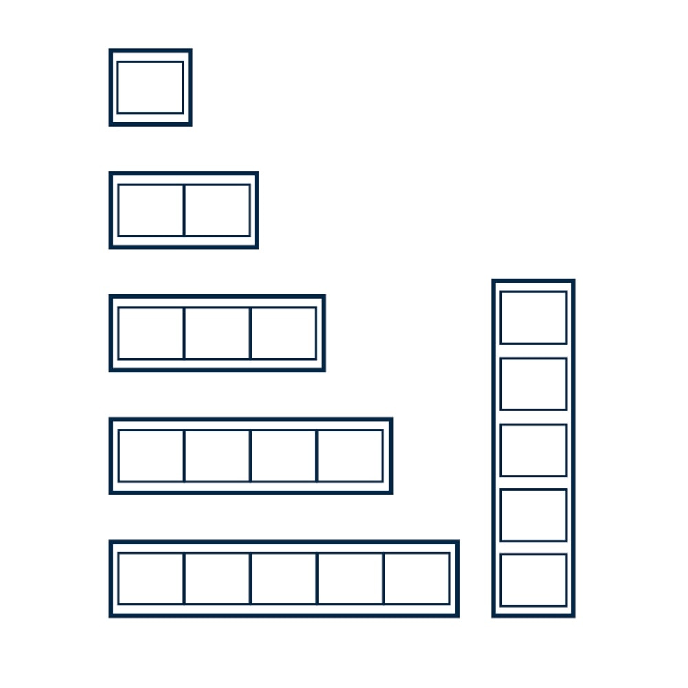 Illustration der Rahmengrößen Berker K.5 Schalterprogramm für einen Einsatz bis fünf Einsätze mit horizontaler und vertikaler Ausrichtung