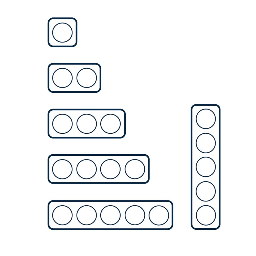 Illustration der Rahmengrößen Berker R.1 Schalterprogramm für einen Einsatz bis fünf Einsätze mit horizontaler und vertikaler Ausrichtung