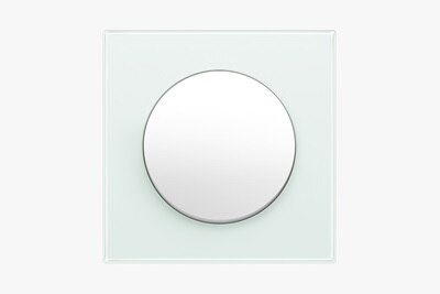 Frontalansicht Berker R.8 Lichtschalter mit rundem Taster in Weiß und Rahmen aus Glas 