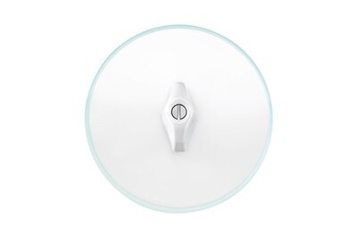 Frontalansicht Berker Serie Glas Lichtschalter mit weißem Kebel und runder Abdeckplatte aus Glas