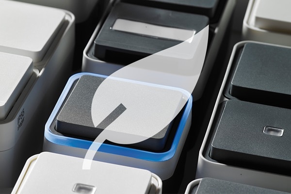 Blick auf mehrere Schalter Berker W.1 Schalterserie, darüber transparentes Blattsymbol für Nachhaltigkeit