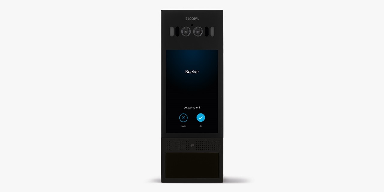 Modernes Gegensprechanlage mit Touchscreen-Interface zeigt den Anrufernamen 'Becker' und Optionen zur Anrufannahme