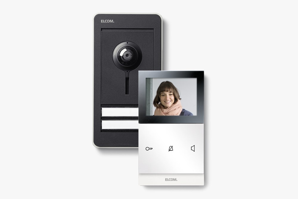 Frontalansicht des Sets der Elcom home Türsprechanlage mit Video-Außenstation und Video-Innenstation
