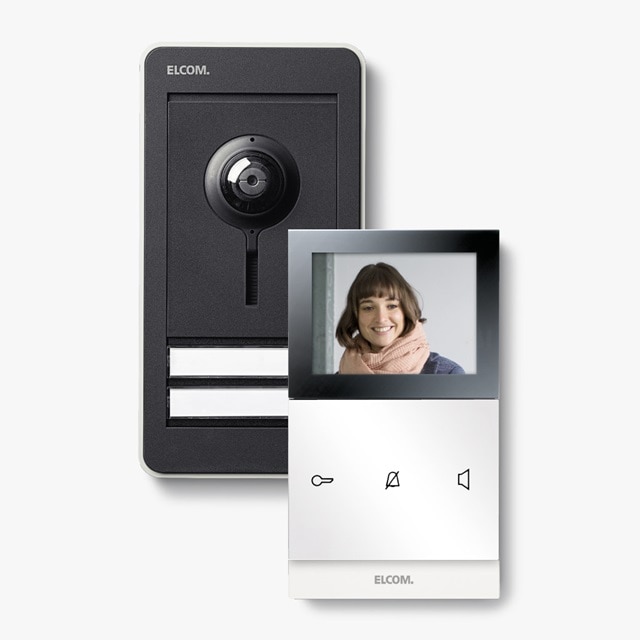 Video-Türsprechanlage mit Display, das eine lächelnde Person zeigt, Marke ELCOM