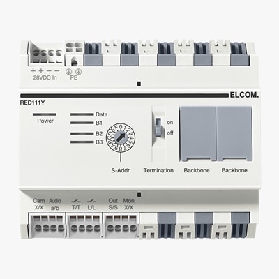 Frontalansicht Hager RED111Y Strangkoppler für 2Draht Türsprechanlagen mit zahlreichen Schnittstellen