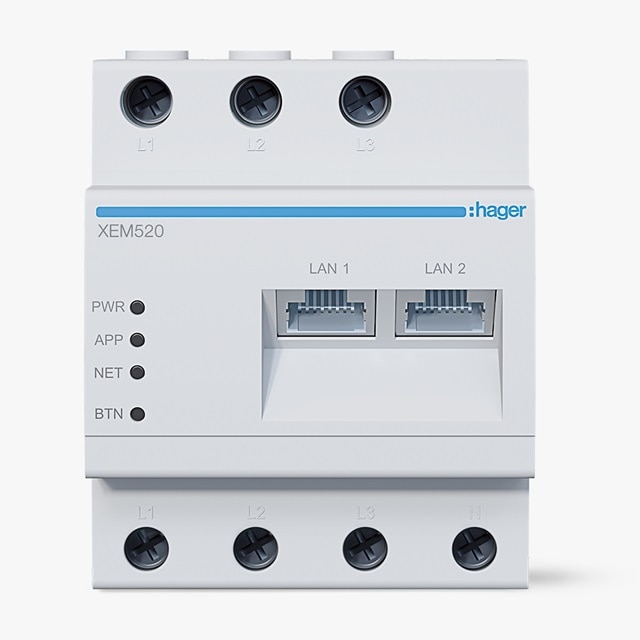 Hager XEM520 Energiemessgerät mit LAN-Anschlüssen und Status-LEDs zur Überwachung von Strom und Netzwerk