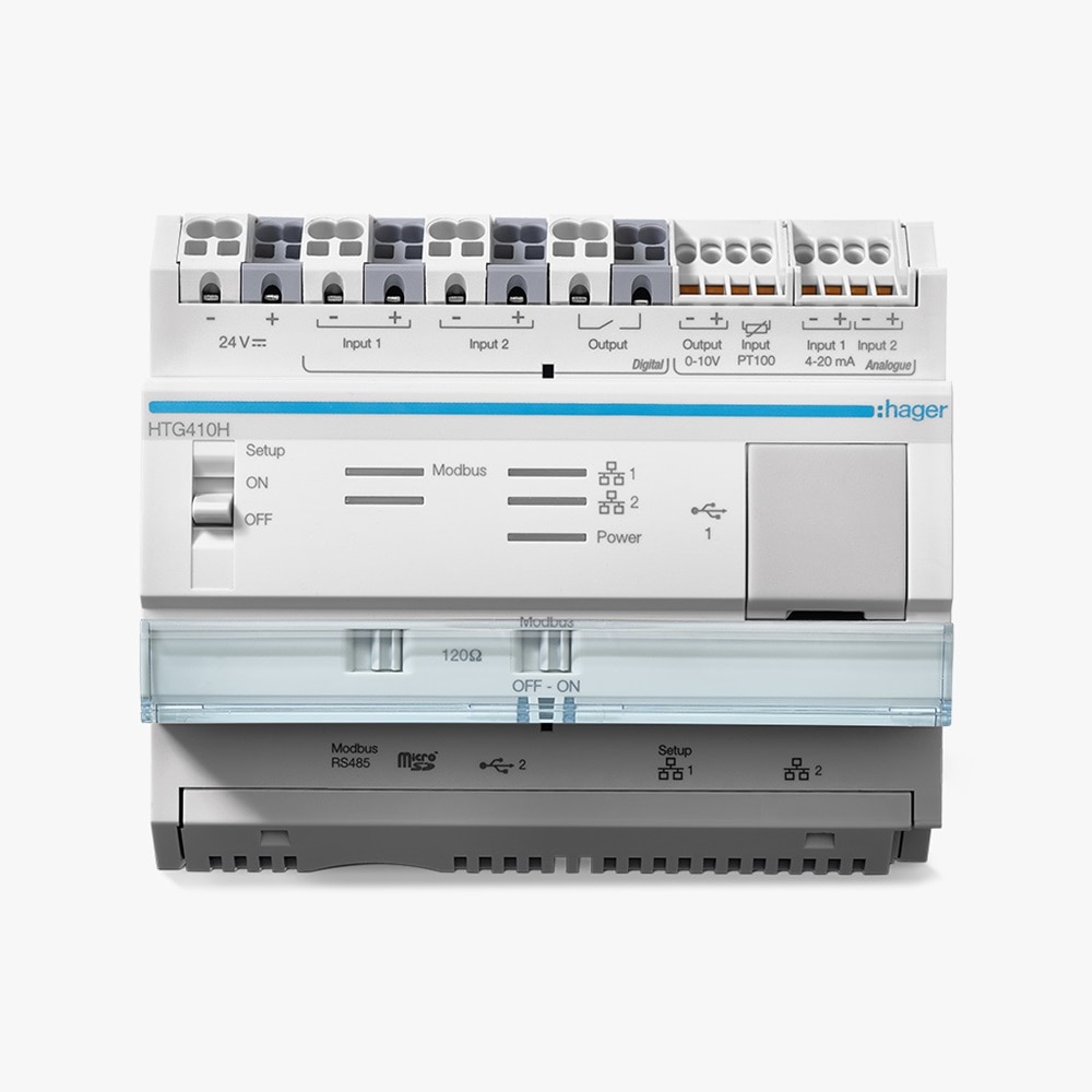 Server für Energiemonitoring HTG410 für Schaltschränke/Verteilerschränke, Frontalansicht mit Schnittstellen, Betriebswahlschalter, LED-Kontrollleuchten