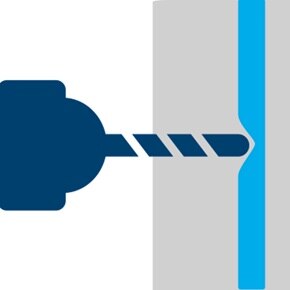 Piktogramm zur Illustration eines Leitungsschadens, Darstellung eines Bohrers der in Kabel in Wand bohrt 