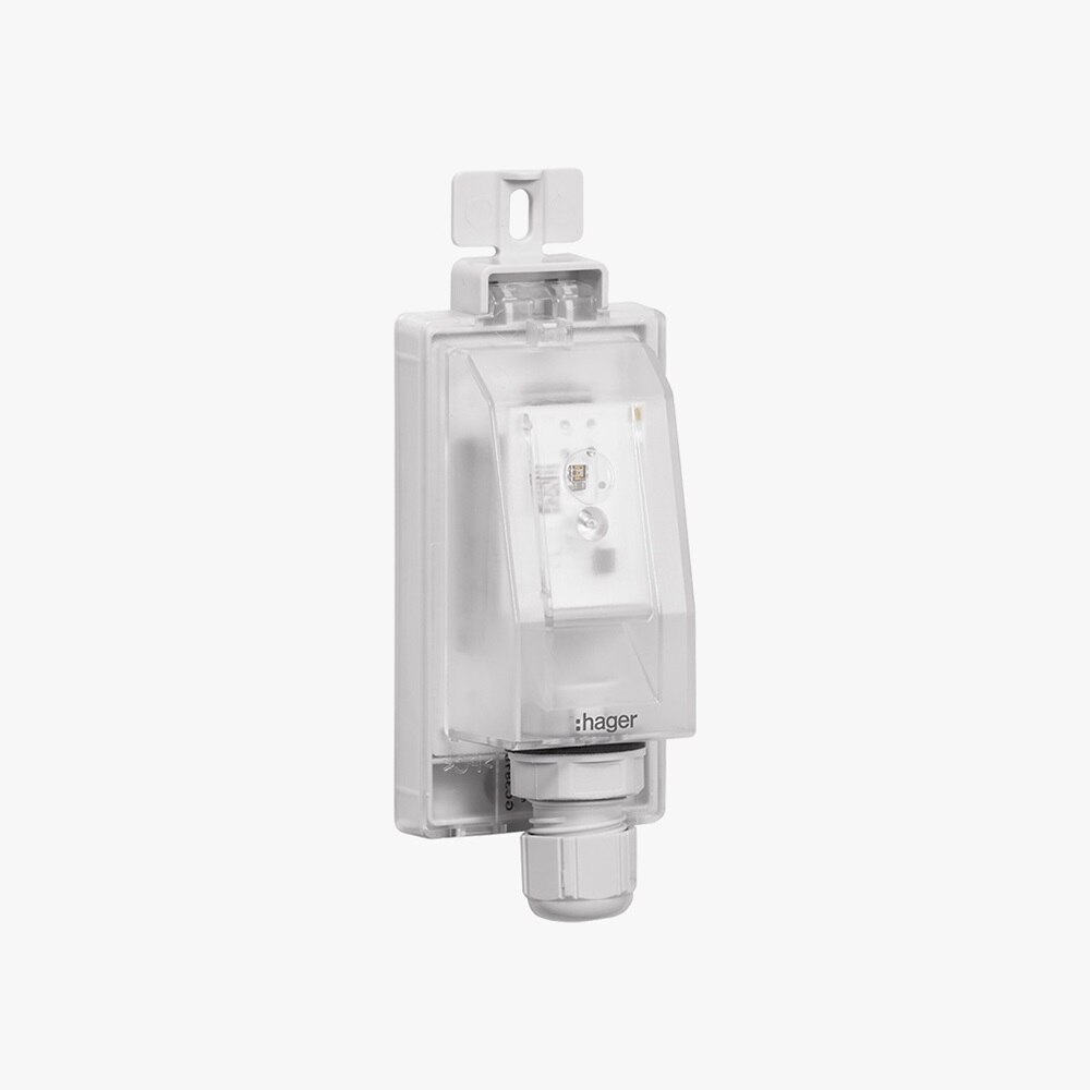 Schrägansicht Hager EEN002 Einbaufühler für Uhren und Dämmerungsschalter, Blick auf Sensorkopf und schwarzes Anschlusskabel