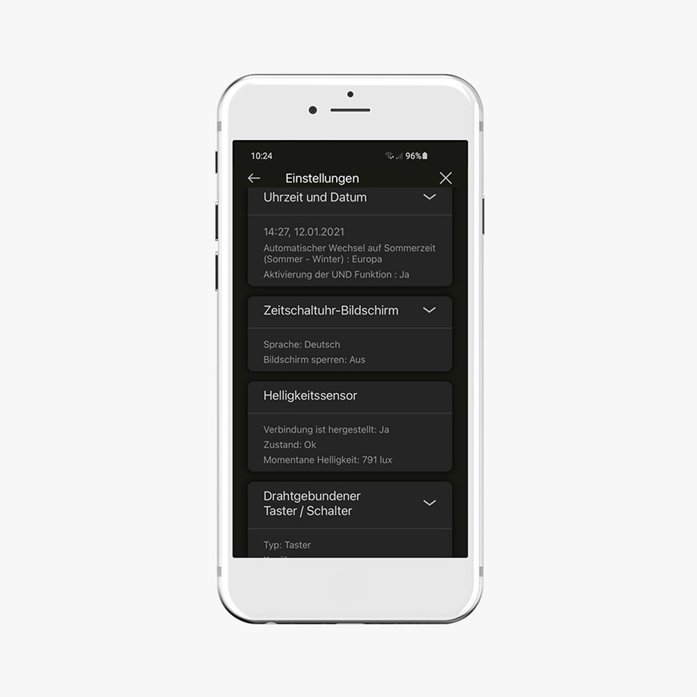 Blick auf Smartphone mit Hager Mood App zur Einrichtung von Zeitschaltuhren, Übersicht Bereich Einstellungen